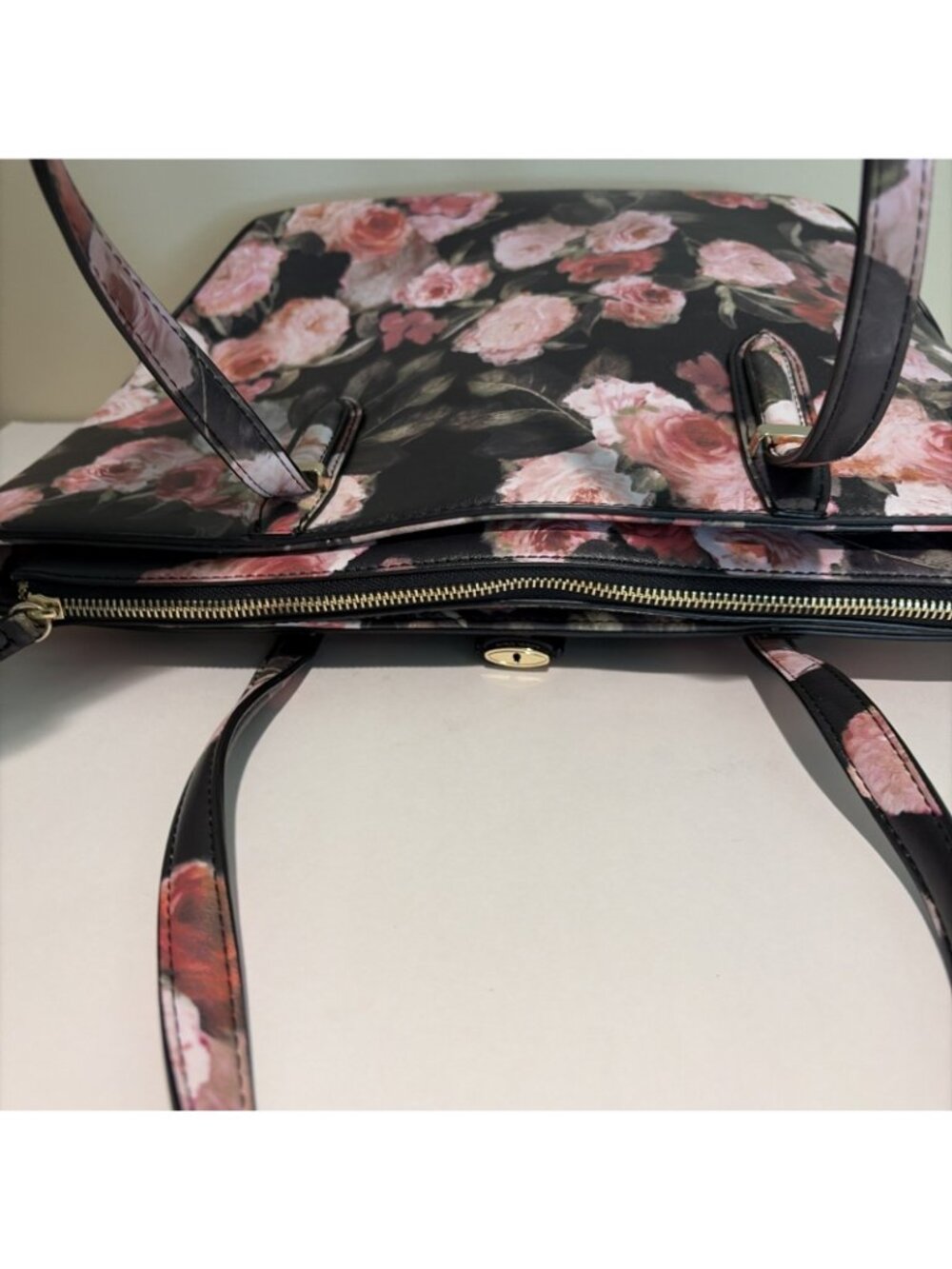 VTG Nine West Large Floral Tote Reana Floral Cabbage Rose Coated Canvas Lock - Picture 11 of 14